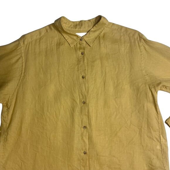 UniQlo Women's Linen Button Down Shirt Size XL Collared Cuff Sleeve Yellow - Picture 2 of 7